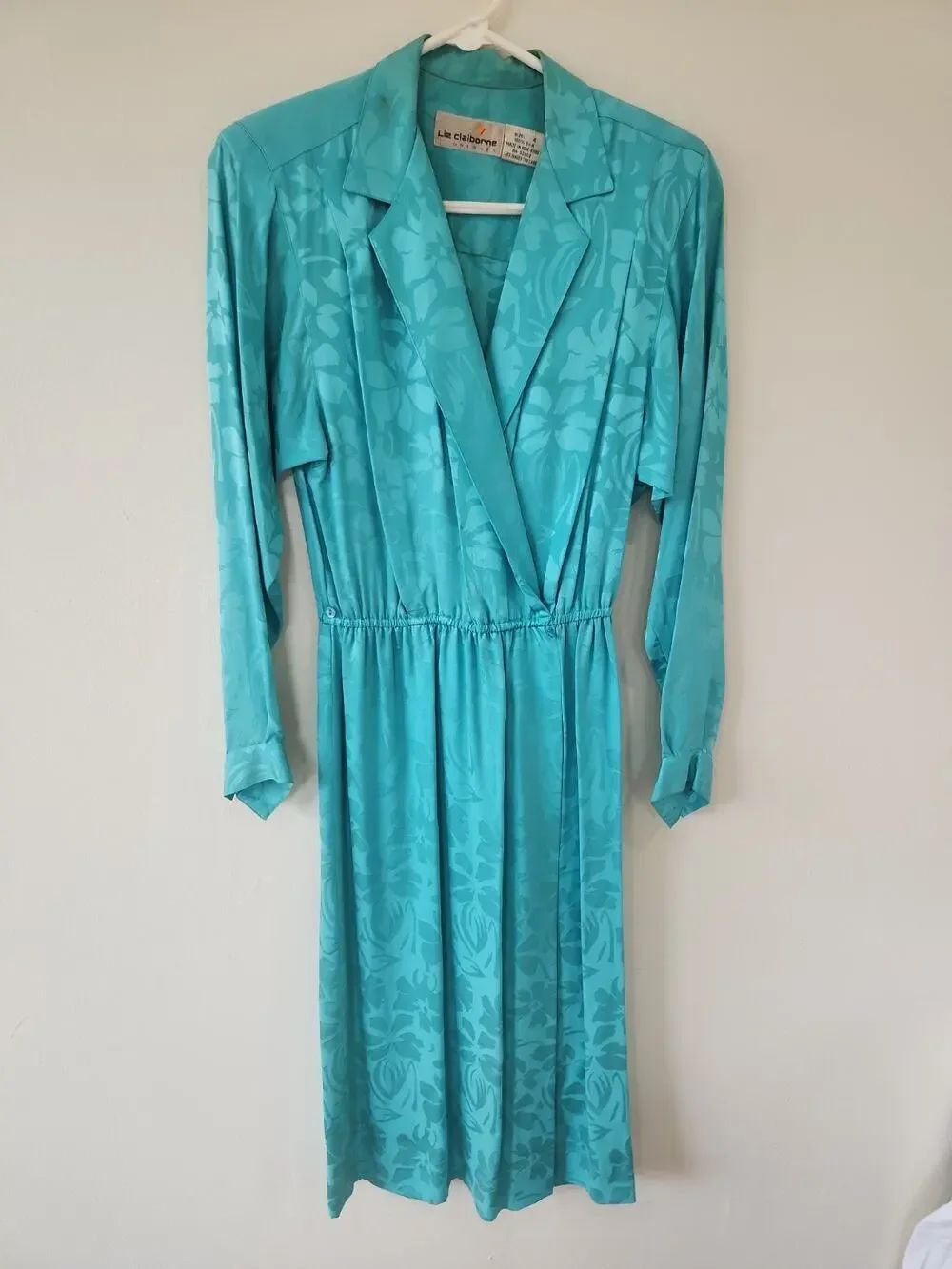 Vintage Liz Claiborne Teal 100% Silk V-Neck Dress Size 4 READ 80S 90S VTG